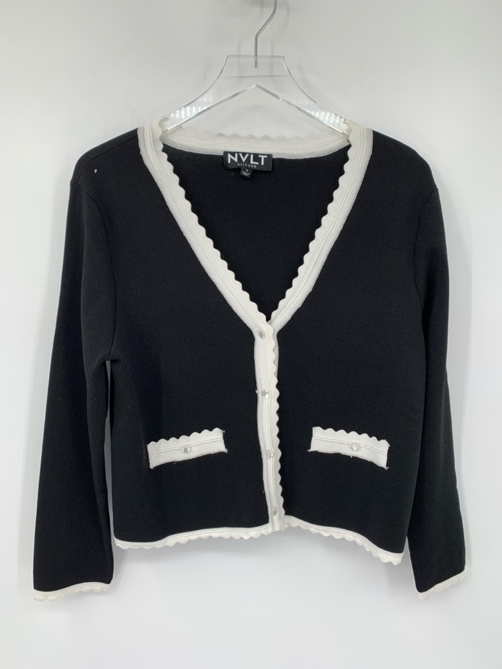 NVLT cardigan sweater black white zig zag trim boxy fine gauge button new Medium